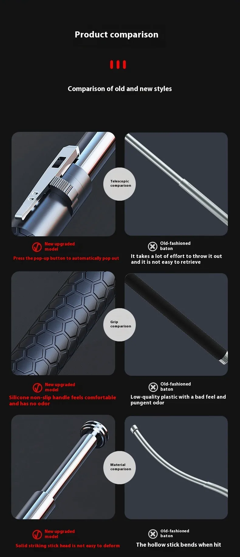 Titanium black automatic spring expandable baton in three sizes: 16 inch, 21 inch, and 26 inch.