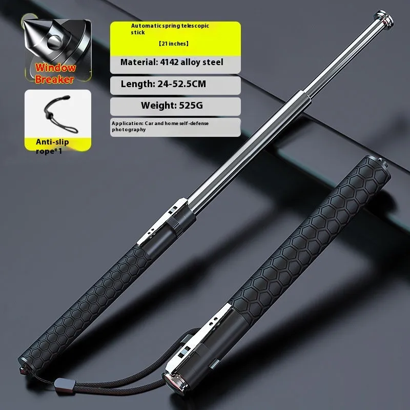 Titanium black automatic spring expandable baton in three sizes: 16 inch, 21 inch, and 26 inch.