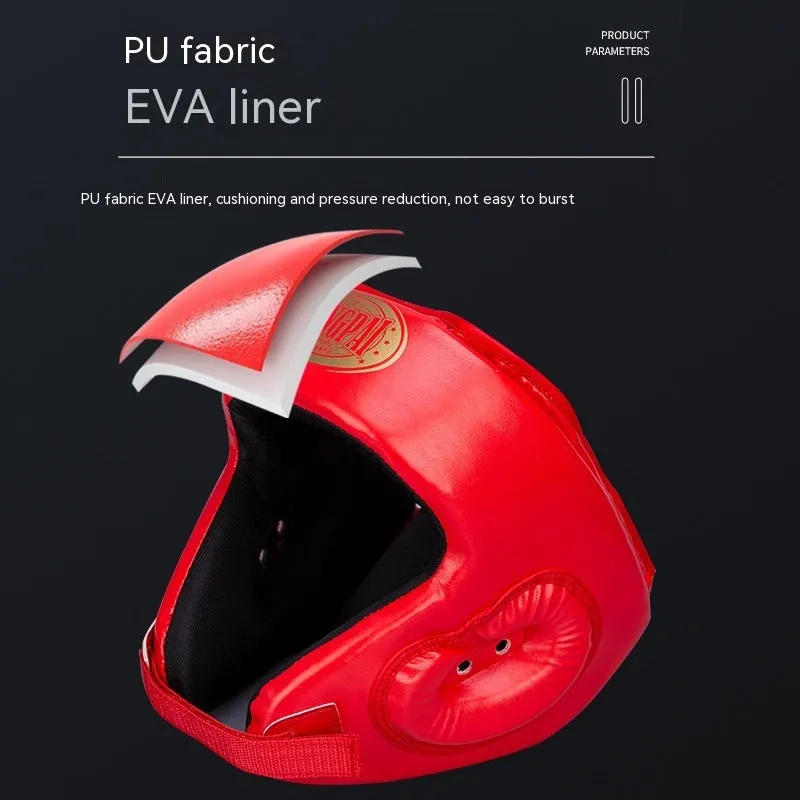 Red fully enclosed boxing helmet with jaw protection showing vertical style design