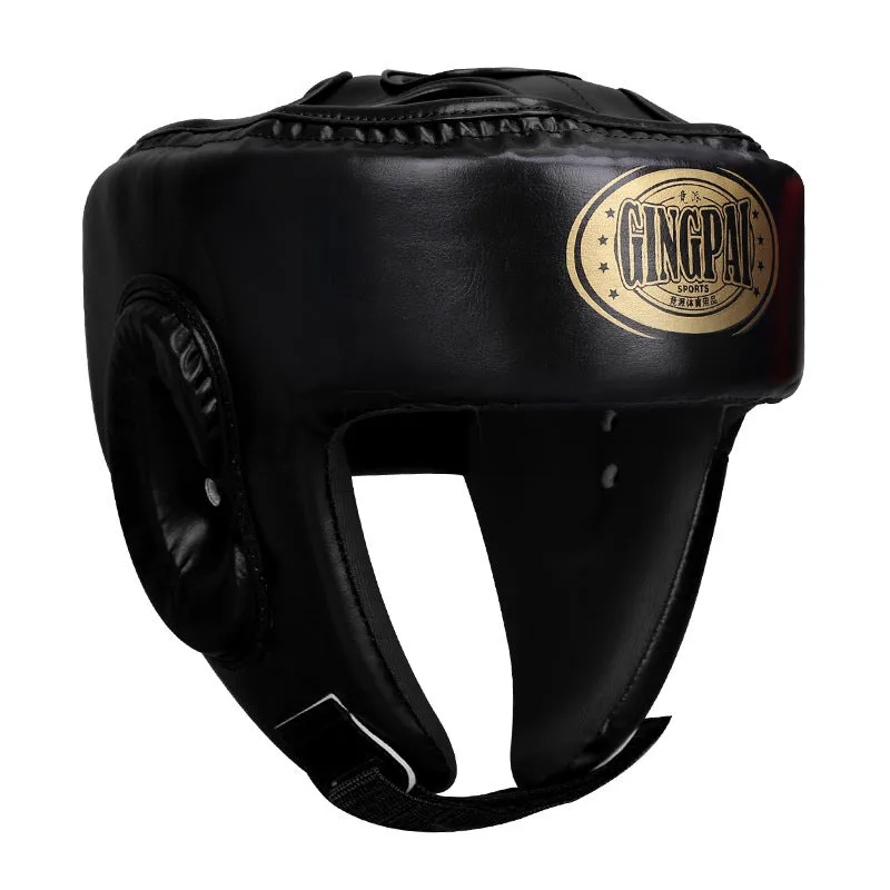 Red fully enclosed boxing helmet with jaw protection showing vertical style design