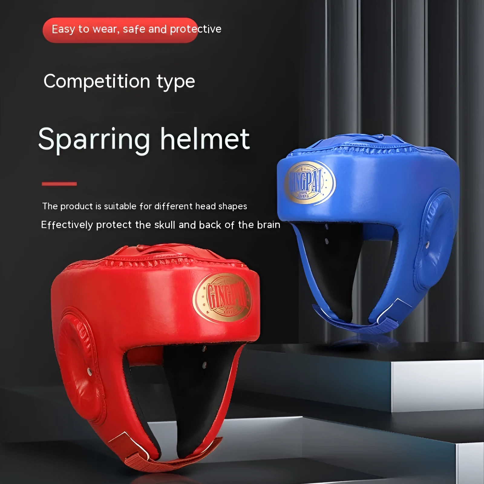 Red fully enclosed boxing helmet with jaw protection showing vertical style design