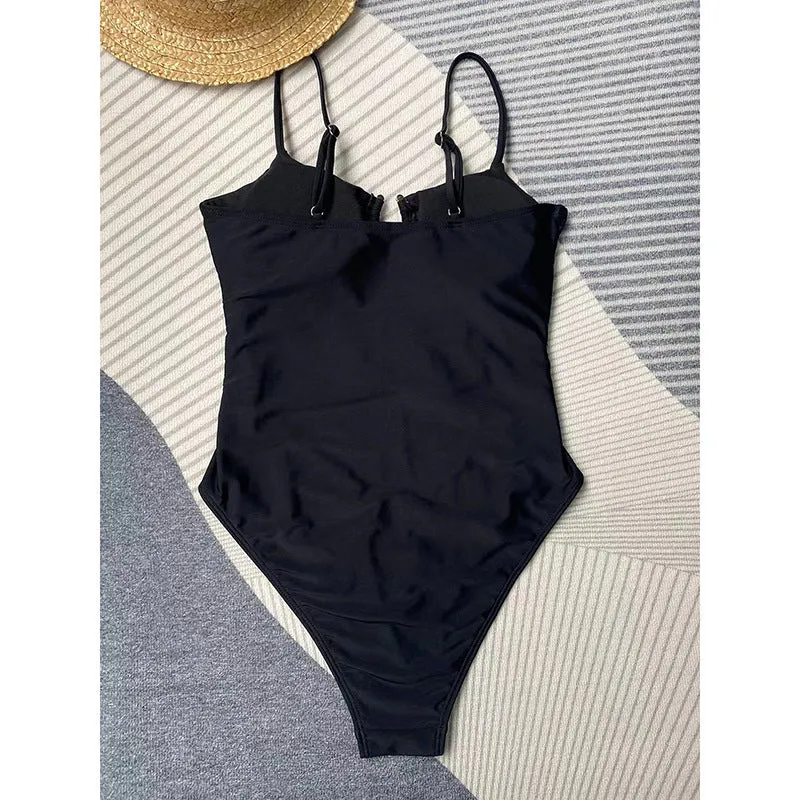 Black women's one-piece bikini-style swimsuit on a mannequin