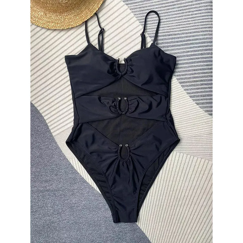 Black women's one-piece bikini-style swimsuit on a mannequin