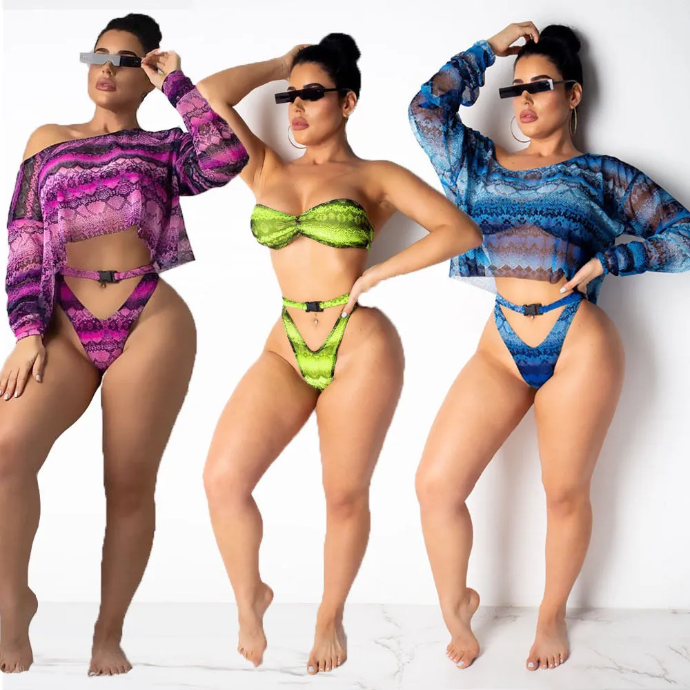 Women's snakeskin print polyester bikini set with long sleeves and shorts in purple, blue or green