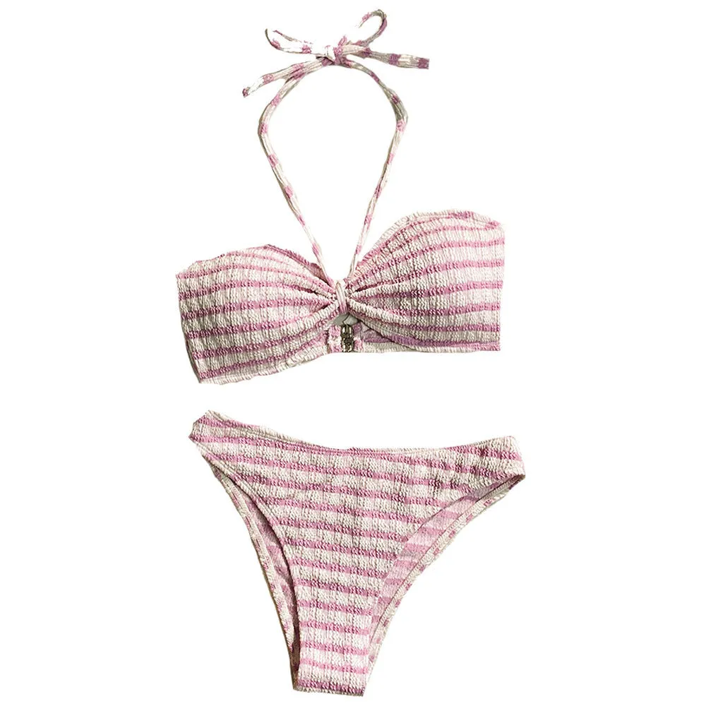 Women's pink and black striped printed bikini swimsuit, briefs style