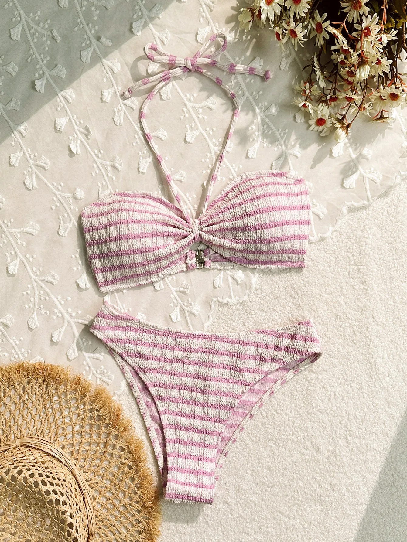 Women's pink and black striped printed bikini swimsuit, briefs style
