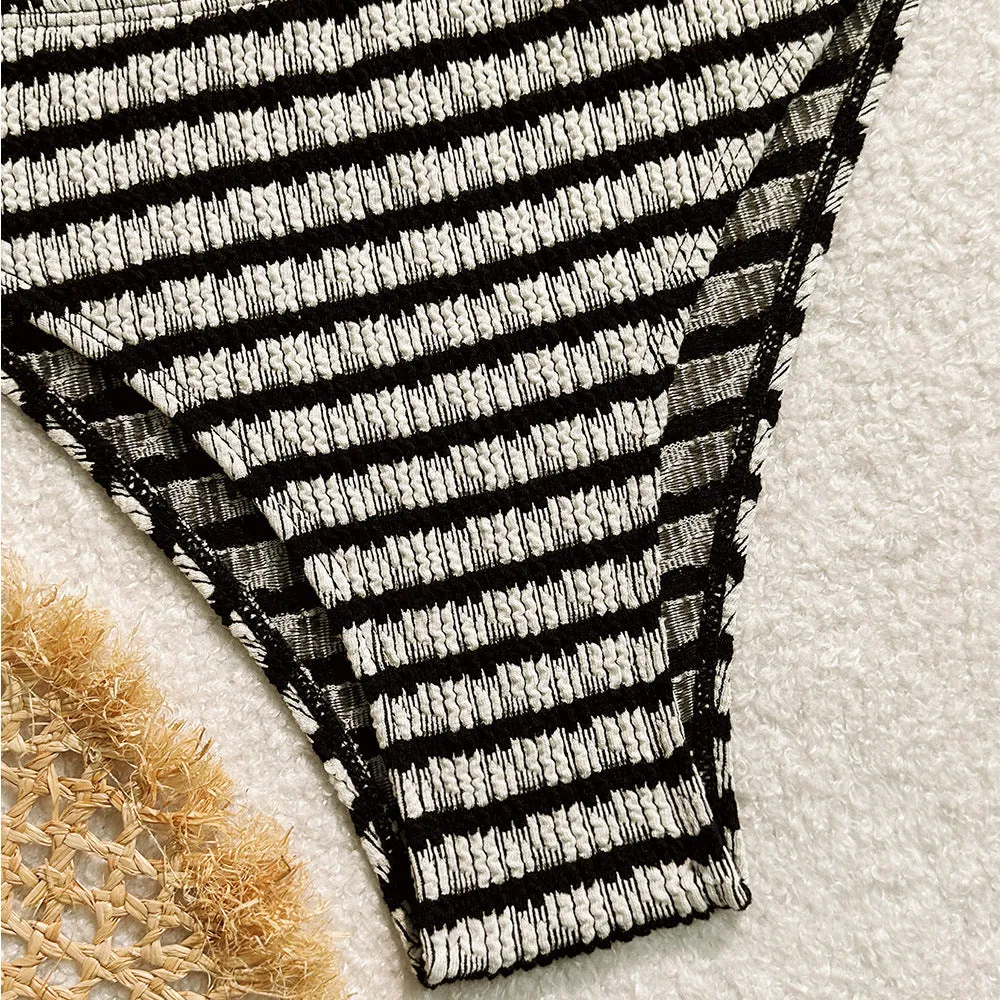 Women's pink and black striped printed bikini swimsuit, briefs style