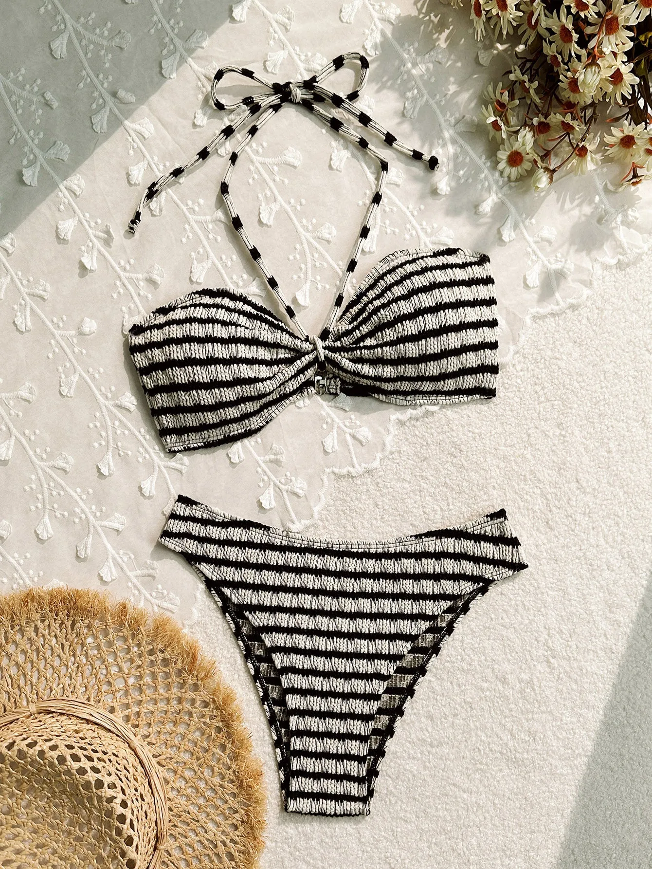 Women's pink and black striped printed bikini swimsuit, briefs style