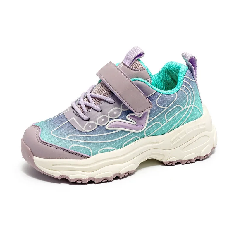 Children's black and purple striped lace-up dad shoes with mesh fabric upper and rubber sole