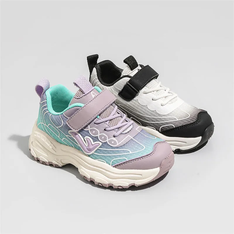 Children's black and purple striped lace-up dad shoes with mesh fabric upper and rubber sole