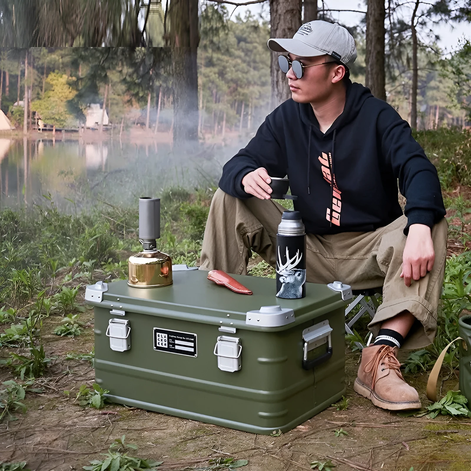 Field green aluminium alloy storage box with dimensions 58×38×28cm for camping equipment