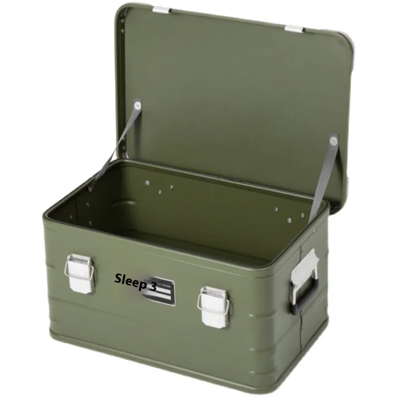 Field green aluminium alloy storage box with dimensions 58×38×28cm for camping equipment