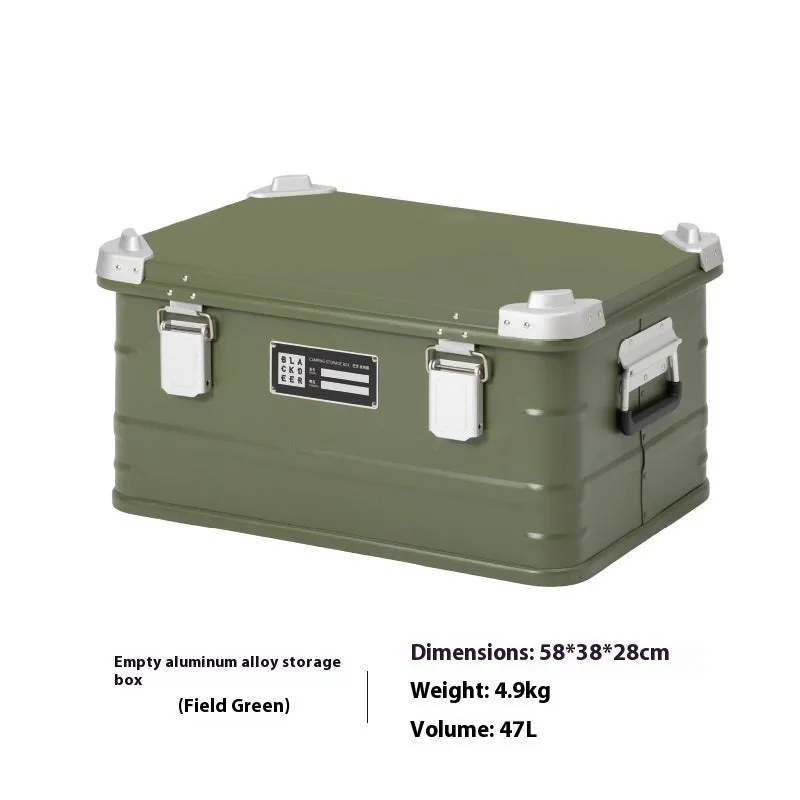 Field green aluminium alloy storage box with dimensions 58×38×28cm for camping equipment
