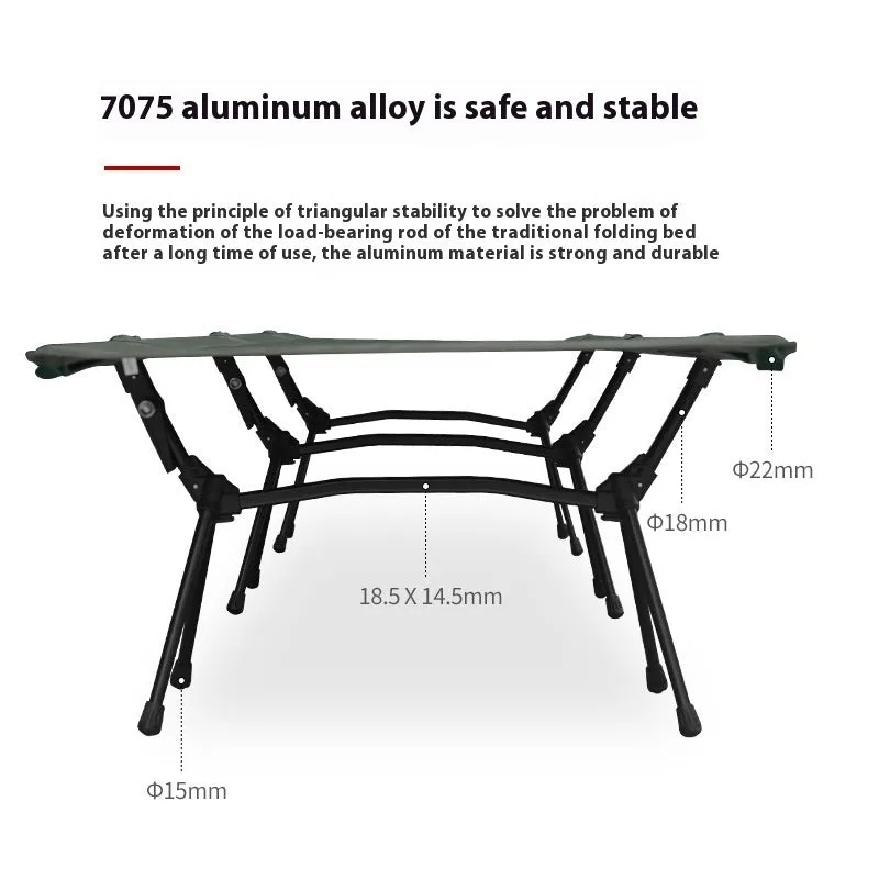 Steel frame portable folding bed in khaki colour with storage bag and components