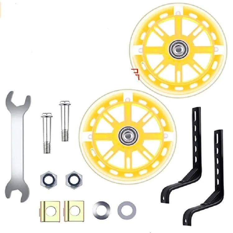 Set of children's bicycle training wheels with metal brackets and hardware in assorted colours