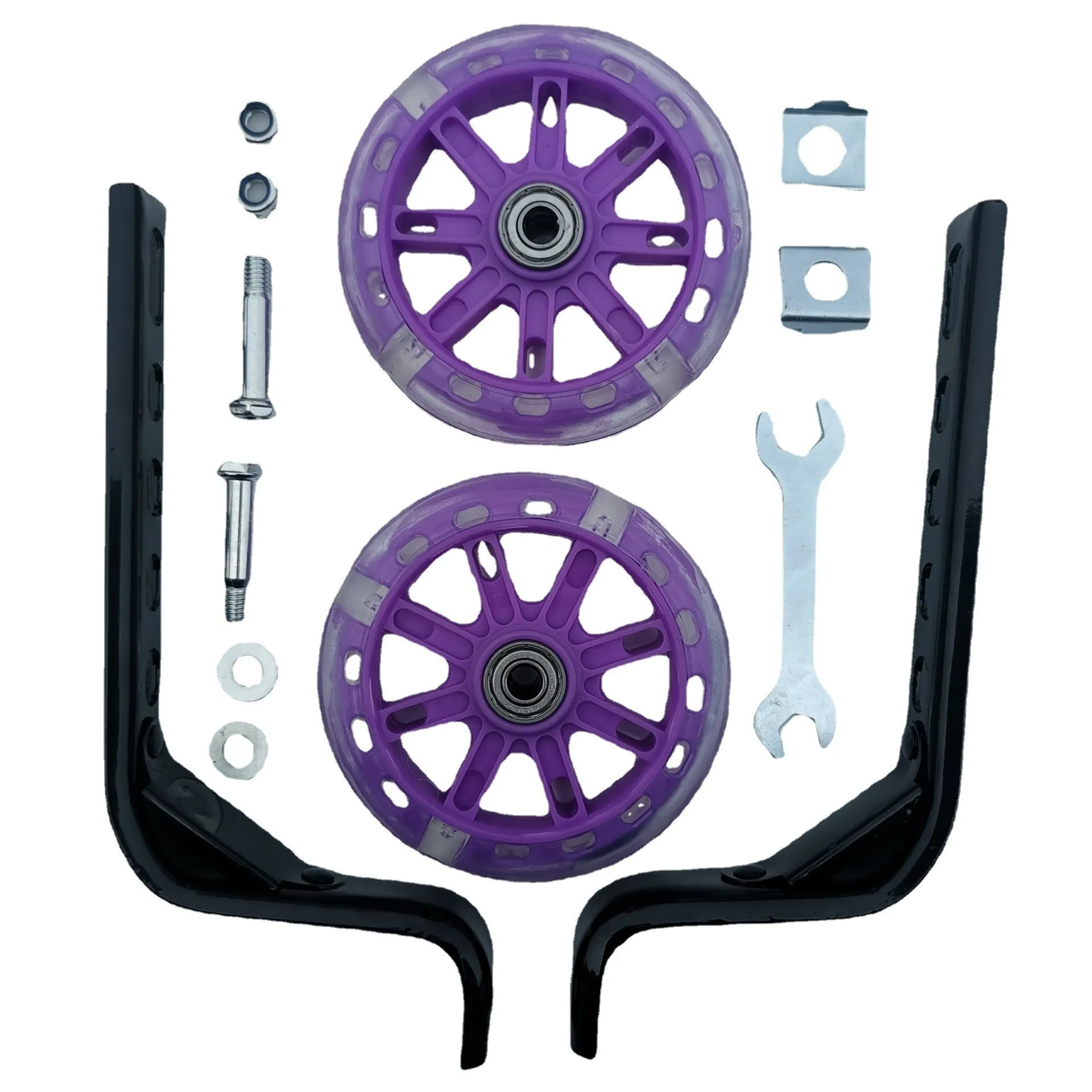 Set of children's bicycle training wheels with metal brackets and hardware in assorted colours