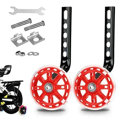 Set of children's bicycle training wheels with metal brackets and hardware in assorted colours