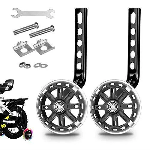 Set of children's bicycle training wheels with metal brackets and hardware in assorted colours
