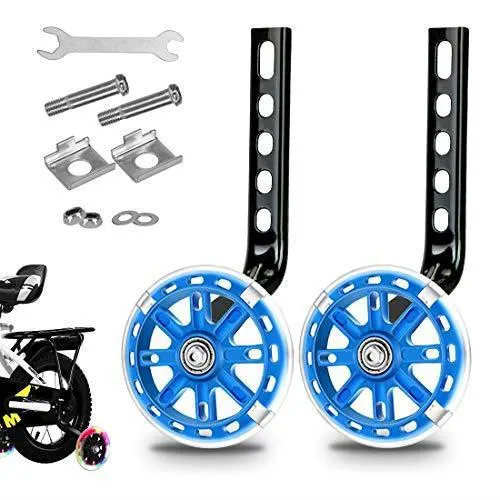 Set of children's bicycle training wheels with metal brackets and hardware in assorted colours
