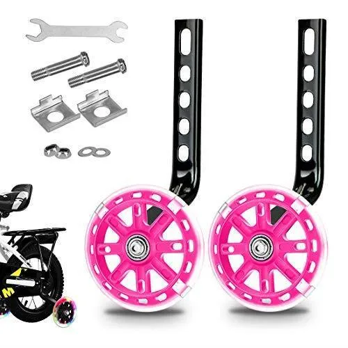 Set of children's bicycle training wheels with metal brackets and hardware in assorted colours