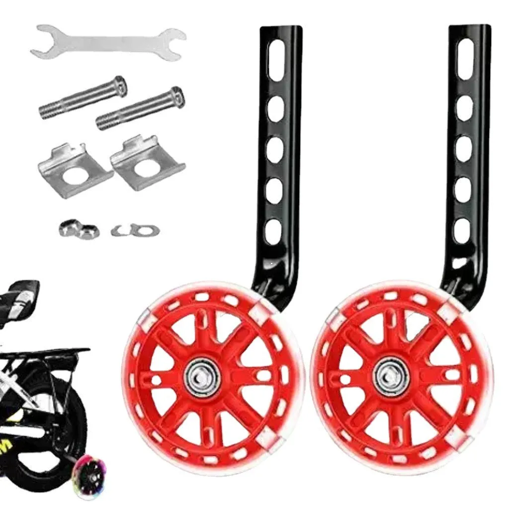Set of children's bicycle training wheels with metal brackets and hardware in assorted colours