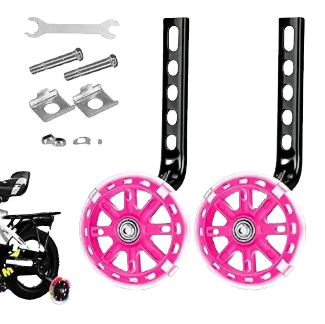 Set of children's bicycle training wheels with metal brackets and hardware in assorted colours