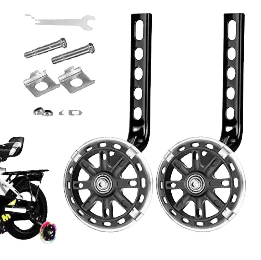 Set of children's bicycle training wheels with metal brackets and hardware in assorted colours