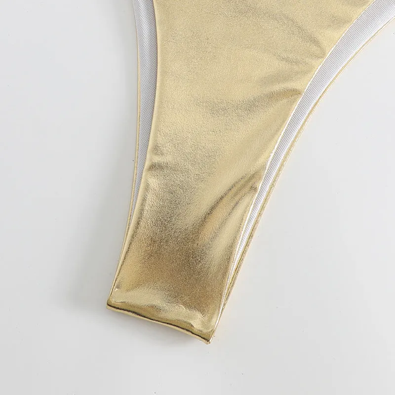 Women's lace-up bikini in metallic colour with adjustable ties and polyester fabric.