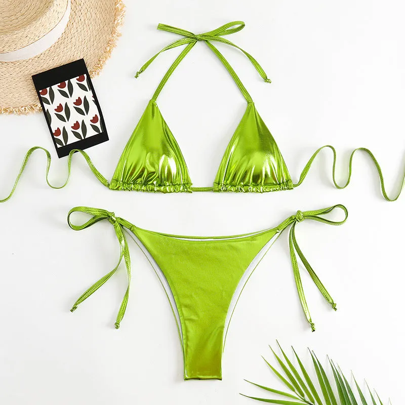 Women's lace-up bikini in metallic colour with adjustable ties and polyester fabric.