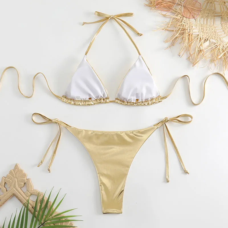Women's lace-up bikini in metallic colour with adjustable ties and polyester fabric.