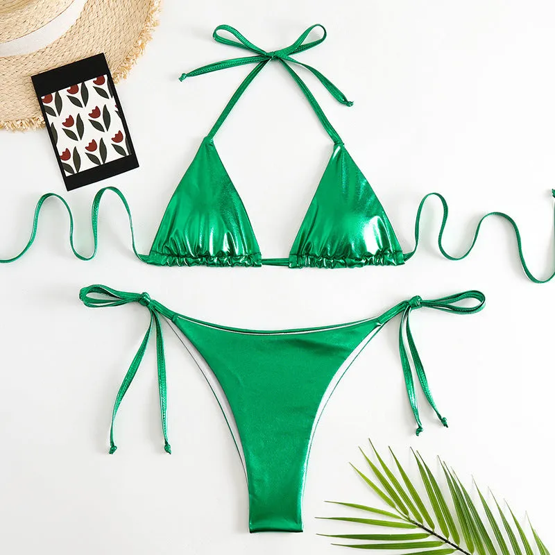 Women's lace-up bikini in metallic colour with adjustable ties and polyester fabric.