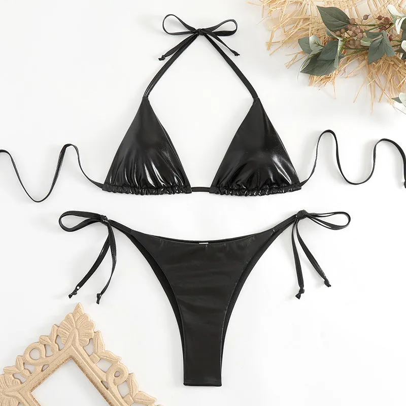 Women's lace-up bikini in metallic colour with adjustable ties and polyester fabric.