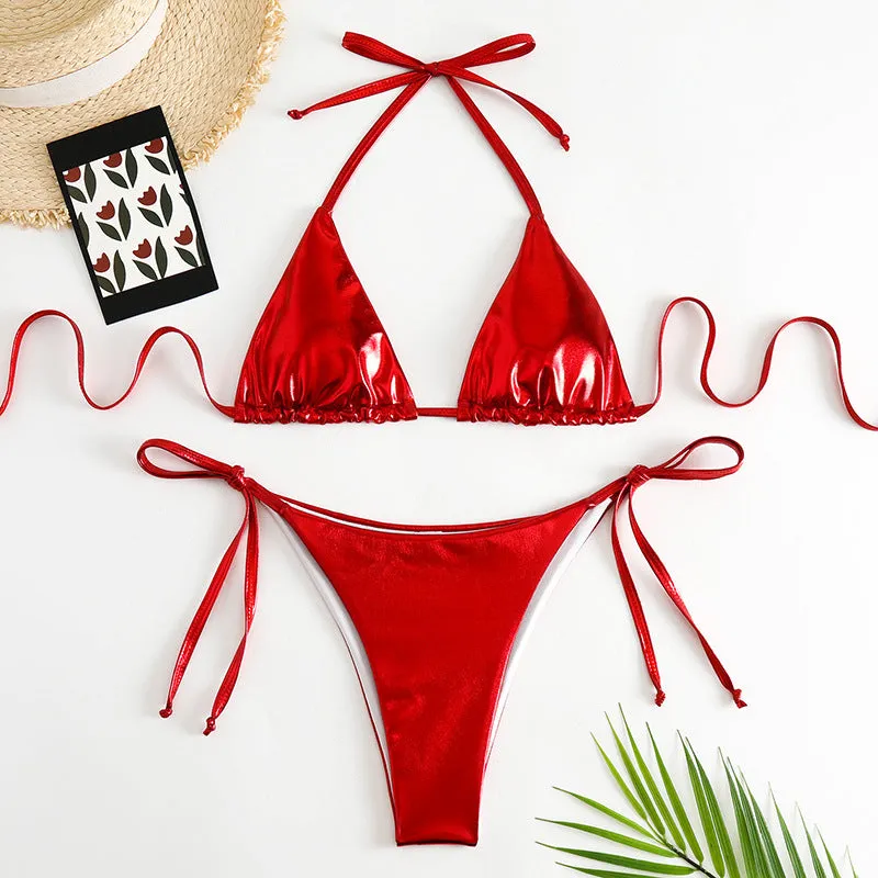 Women's lace-up bikini in metallic colour with adjustable ties and polyester fabric.
