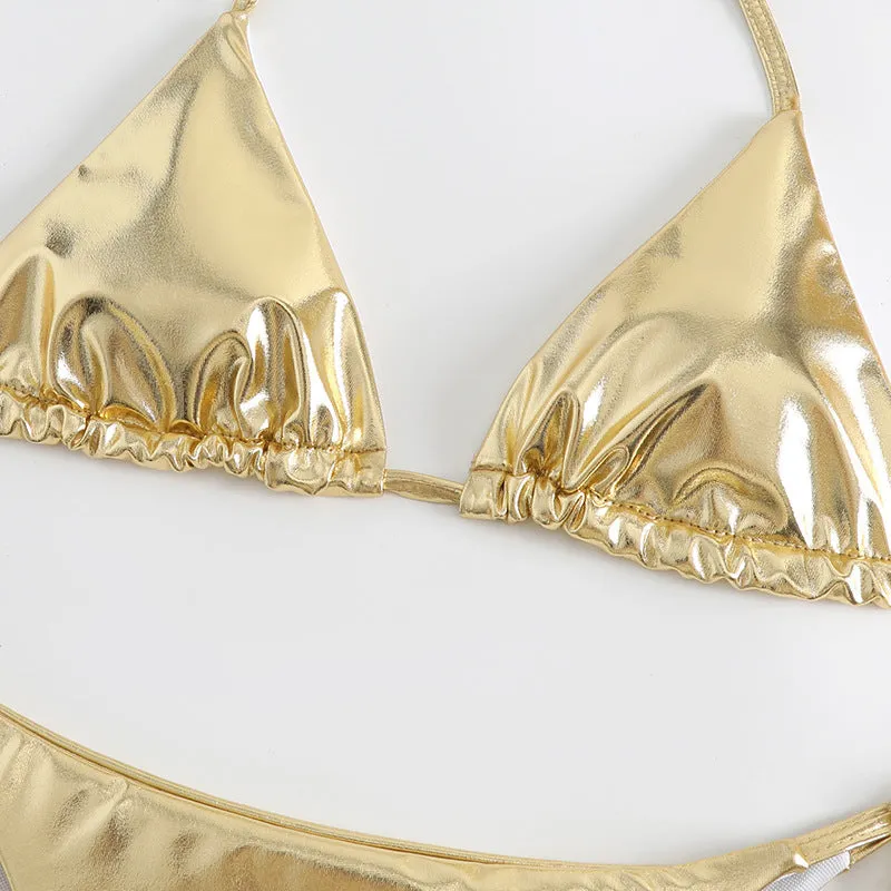Women's lace-up bikini in metallic colour with adjustable ties and polyester fabric.