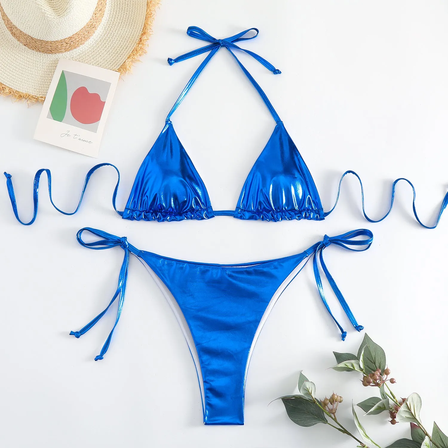 Women's lace-up bikini in metallic colour with adjustable ties and polyester fabric.