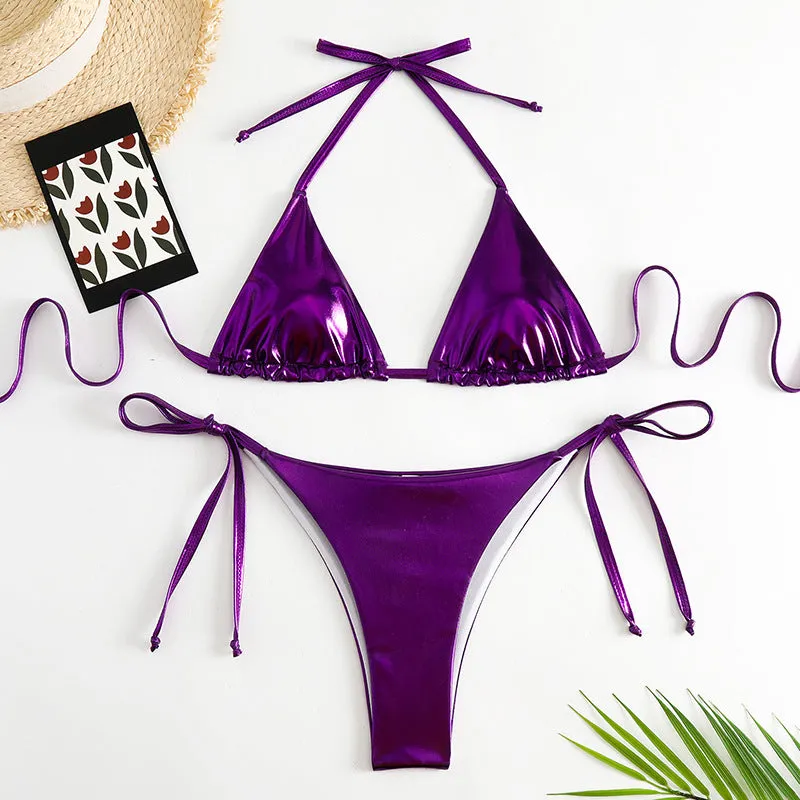 Women's lace-up bikini in metallic colour with adjustable ties and polyester fabric.