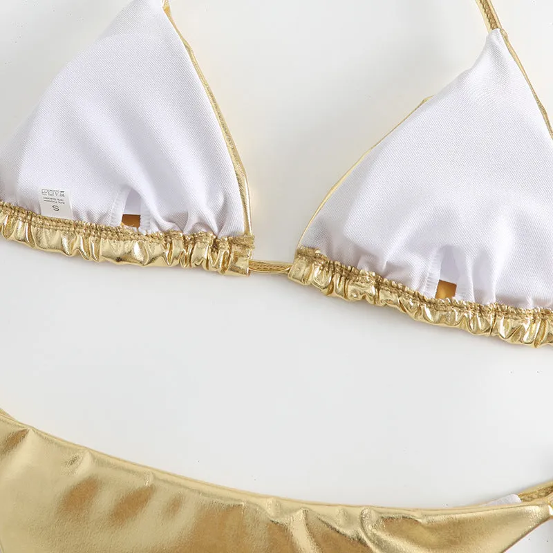Women's lace-up bikini in metallic colour with adjustable ties and polyester fabric.