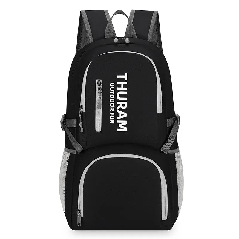 Dark blue folding outdoor backpack with straps, showing its large capacity and air pillow belt.