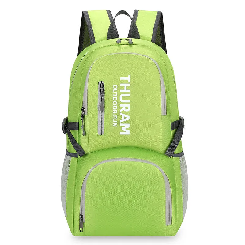 Dark blue folding outdoor backpack with straps, showing its large capacity and air pillow belt.