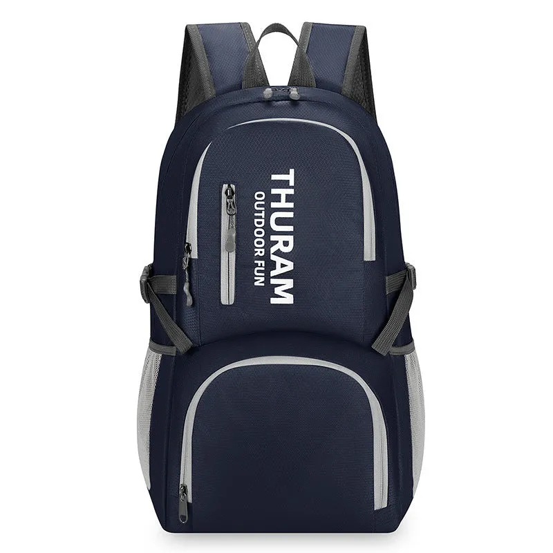 Dark blue folding outdoor backpack with straps, showing its large capacity and air pillow belt.