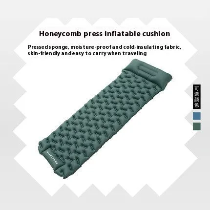 Honeycomb pattern inflatable camping mattress in blue or green colour options