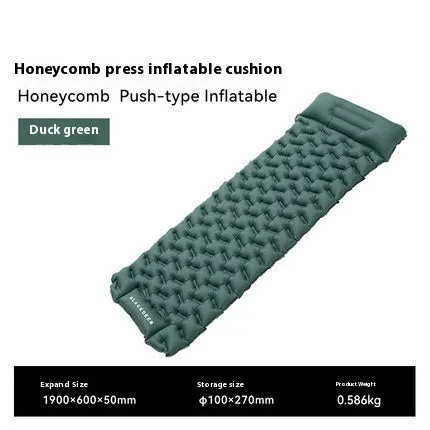 Honeycomb pattern inflatable camping mattress in blue or green colour options