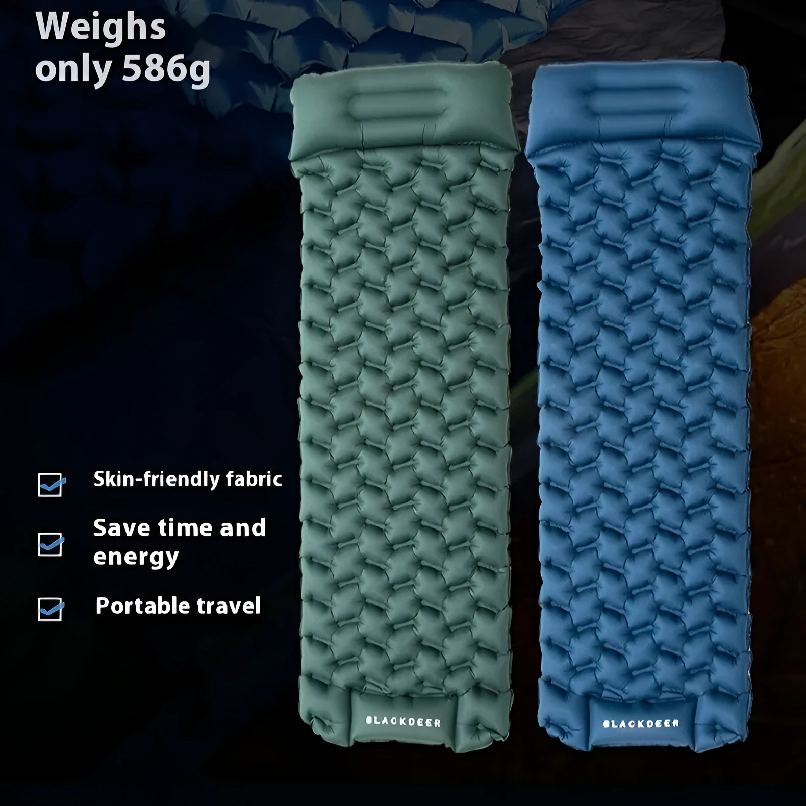 Honeycomb pattern inflatable camping mattress in blue or green colour options