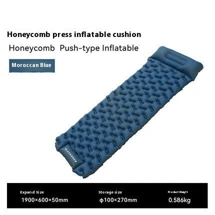 Honeycomb pattern inflatable camping mattress in blue or green colour options