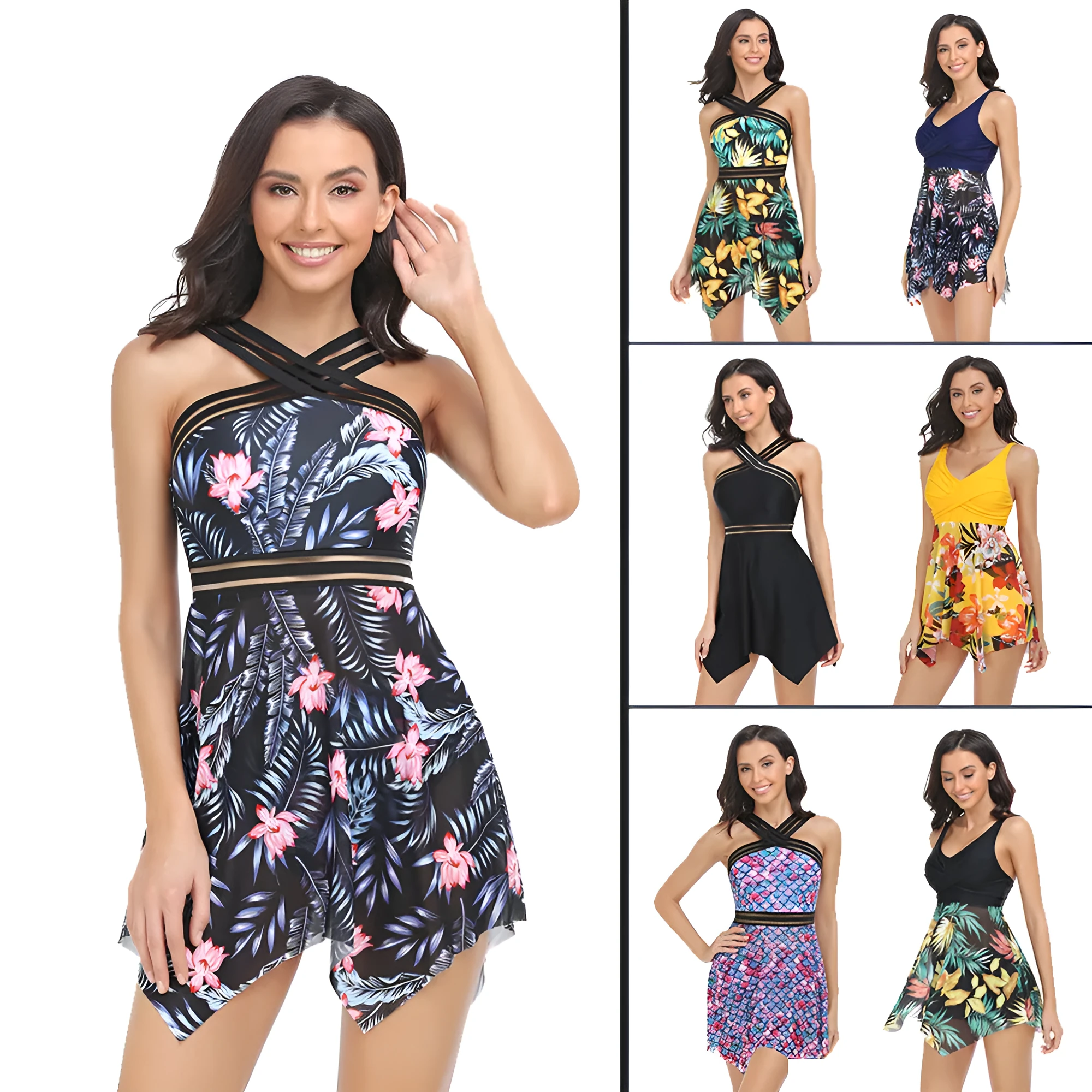 Women's one-piece swimsuit with an attached black tulle skirt, showing the split design.