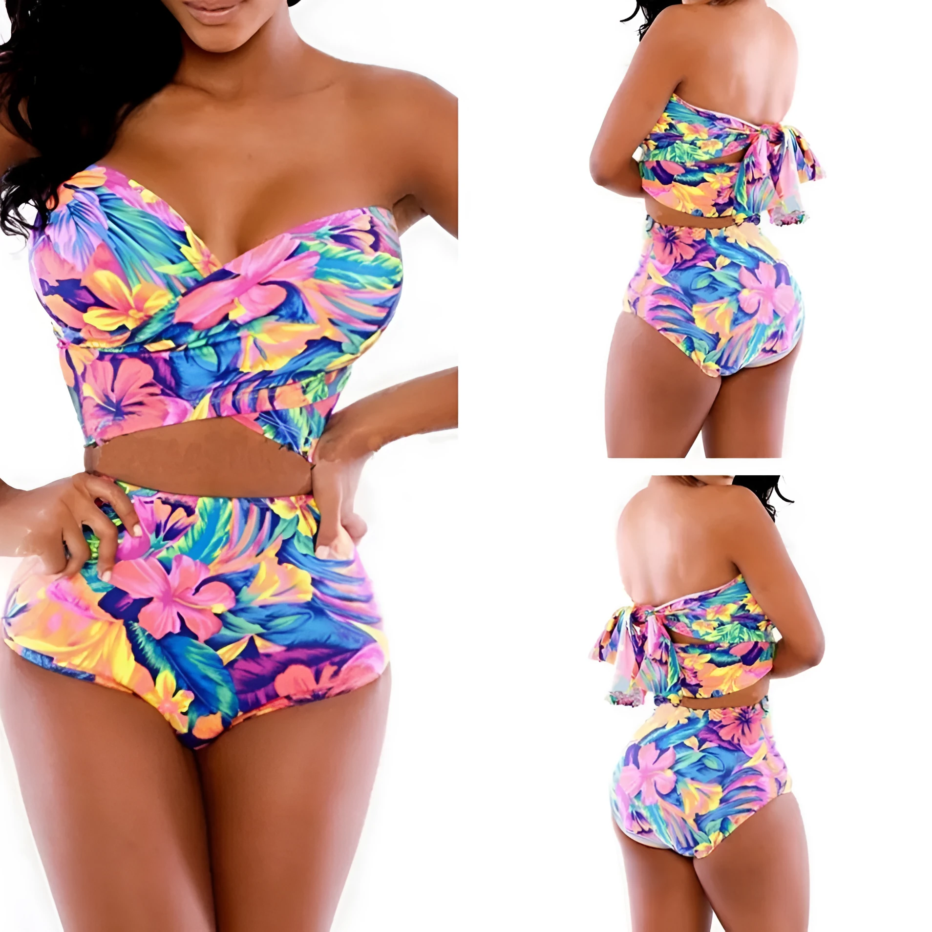 Red printed two-piece swimsuit with chest wrap top and matching pants.