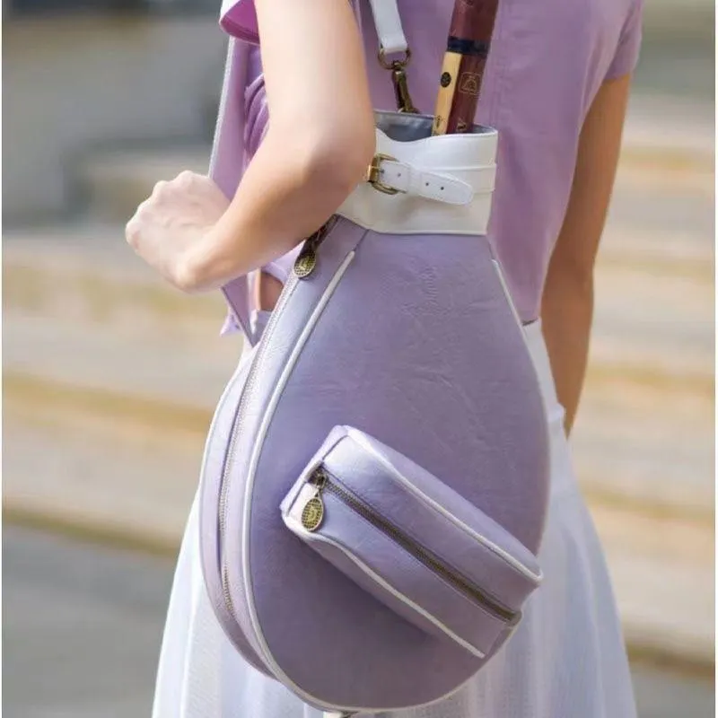 Women's retro style leather one-shoulder badminton bag shown in multiple colour options.