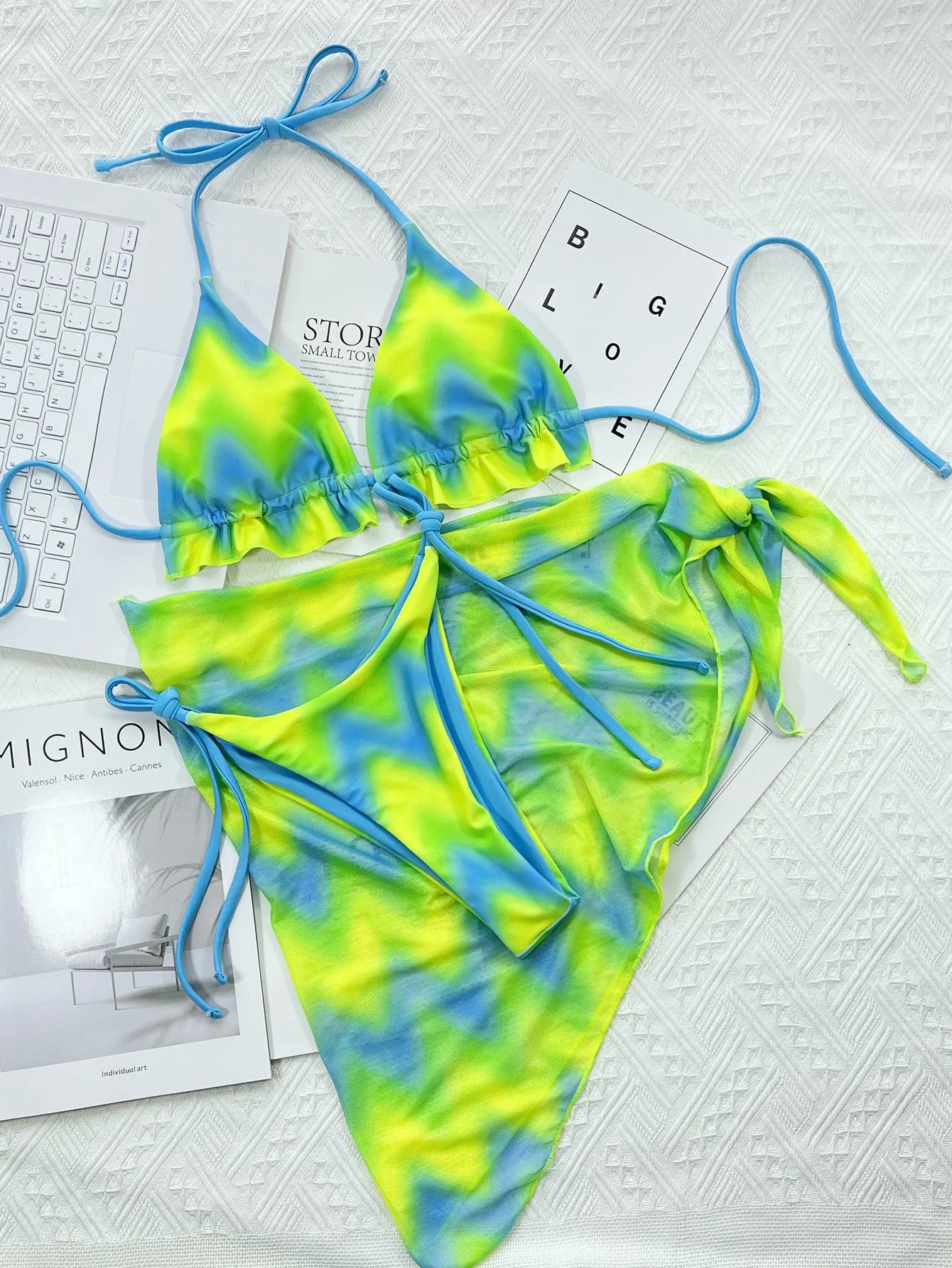 Green tie-dyed women's bikini swimsuit with removable outer skirt for swimming