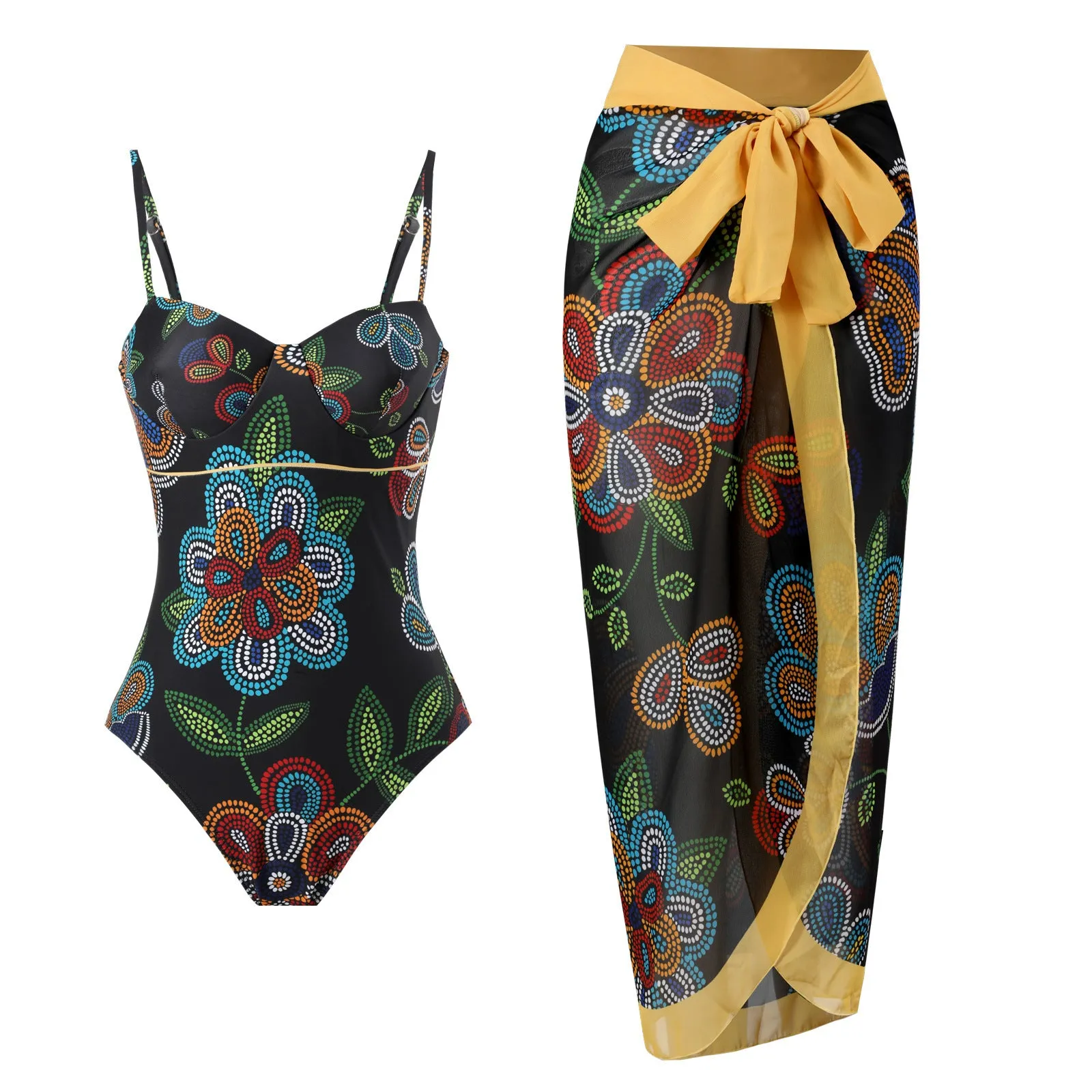 Women's retro three-piece polyester swimsuit set in a conservative, belly-covering design.