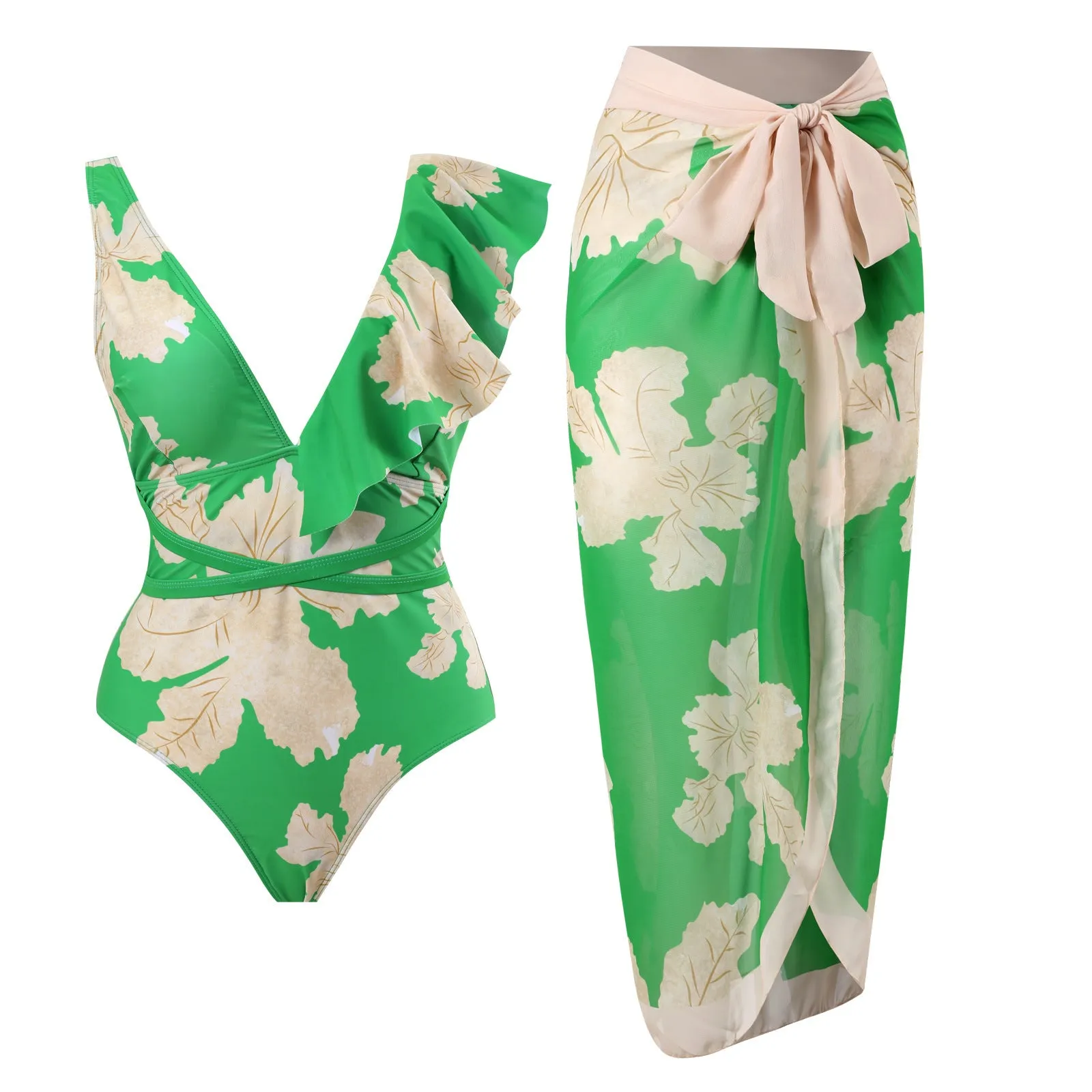 Women's retro three-piece polyester swimsuit set in a conservative, belly-covering design.
